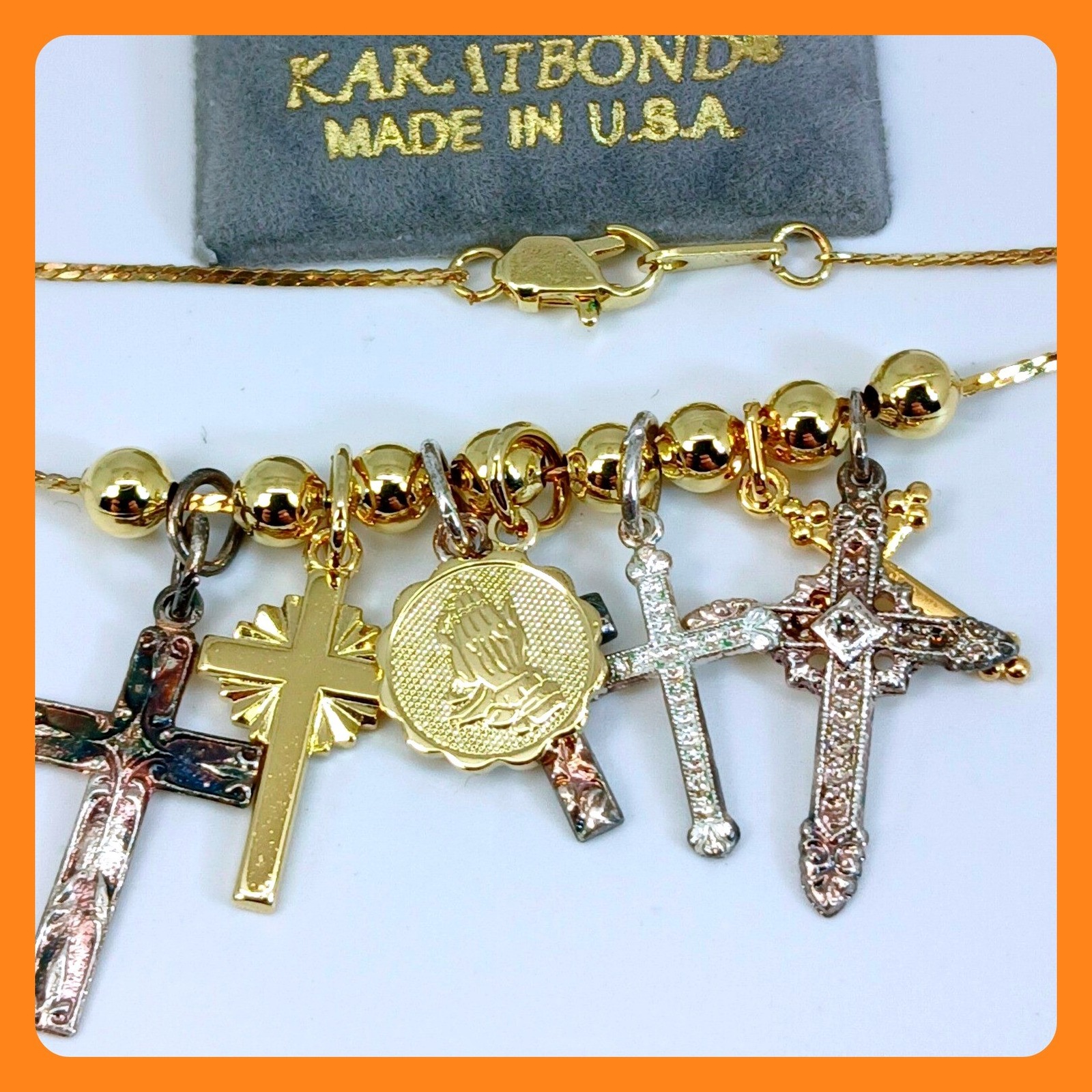 Karatbond Gold Vintage Y2k Multi Cross Charm Necklace Bead 16 Inch NewOldStock